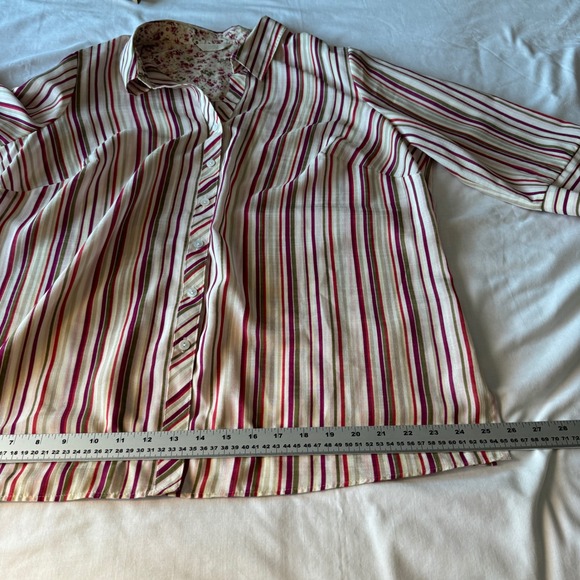 Marks & Spencer Stripe 3/4 Sleeve Button Up Shirt Pink UK 20 (XL) Floral Collar - Picture 12 of 13